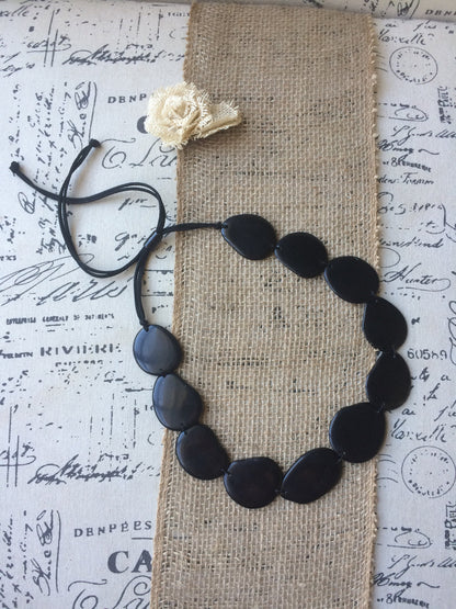 Black single strand necklace Tagua jewelry Statement necklace Big bold necklace Adjustable cord Art to wear Fall fashion 2025 Trendy jewelry