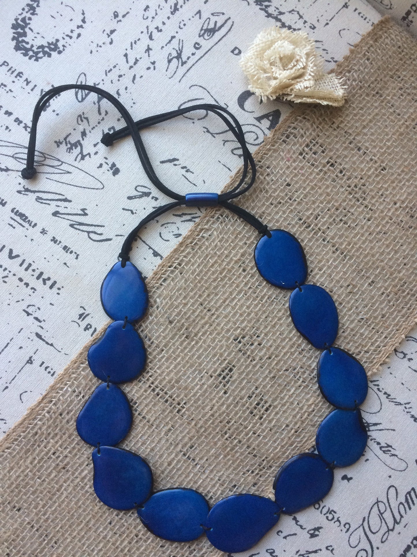 Navy blue single strand statement necklace Tagua necklace Big handmade beads Long huge oversized bead collar Fall fashion trends Artsy gifts