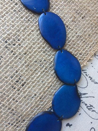Navy blue single strand statement necklace Tagua necklace Big handmade beads Long huge oversized bead collar Fall fashion trends Artsy gifts