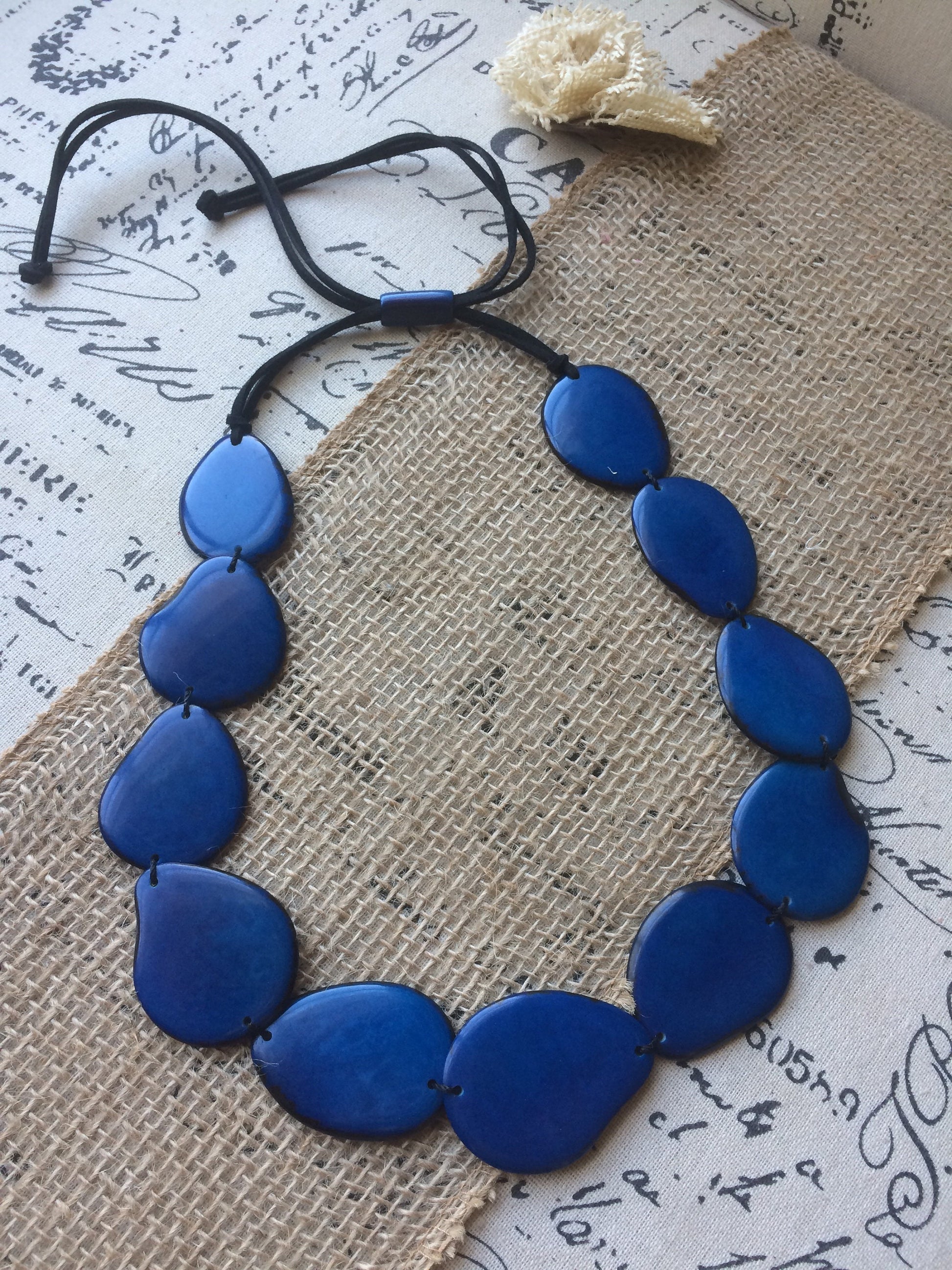 Navy blue single strand statement necklace Tagua necklace Big handmade beads Long huge oversized bead collar Fall fashion trends Artsy gifts