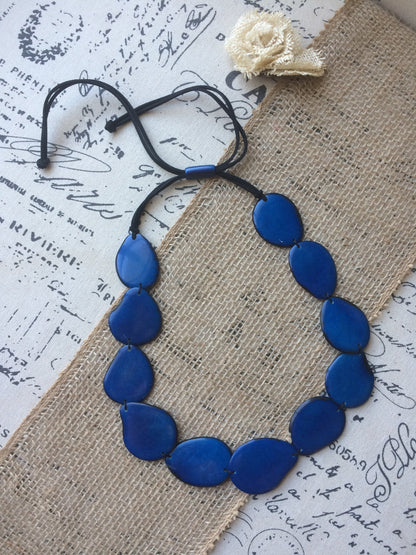 Navy blue single strand statement necklace Tagua necklace Big handmade beads Long huge oversized bead collar Fall fashion trends Artsy gifts
