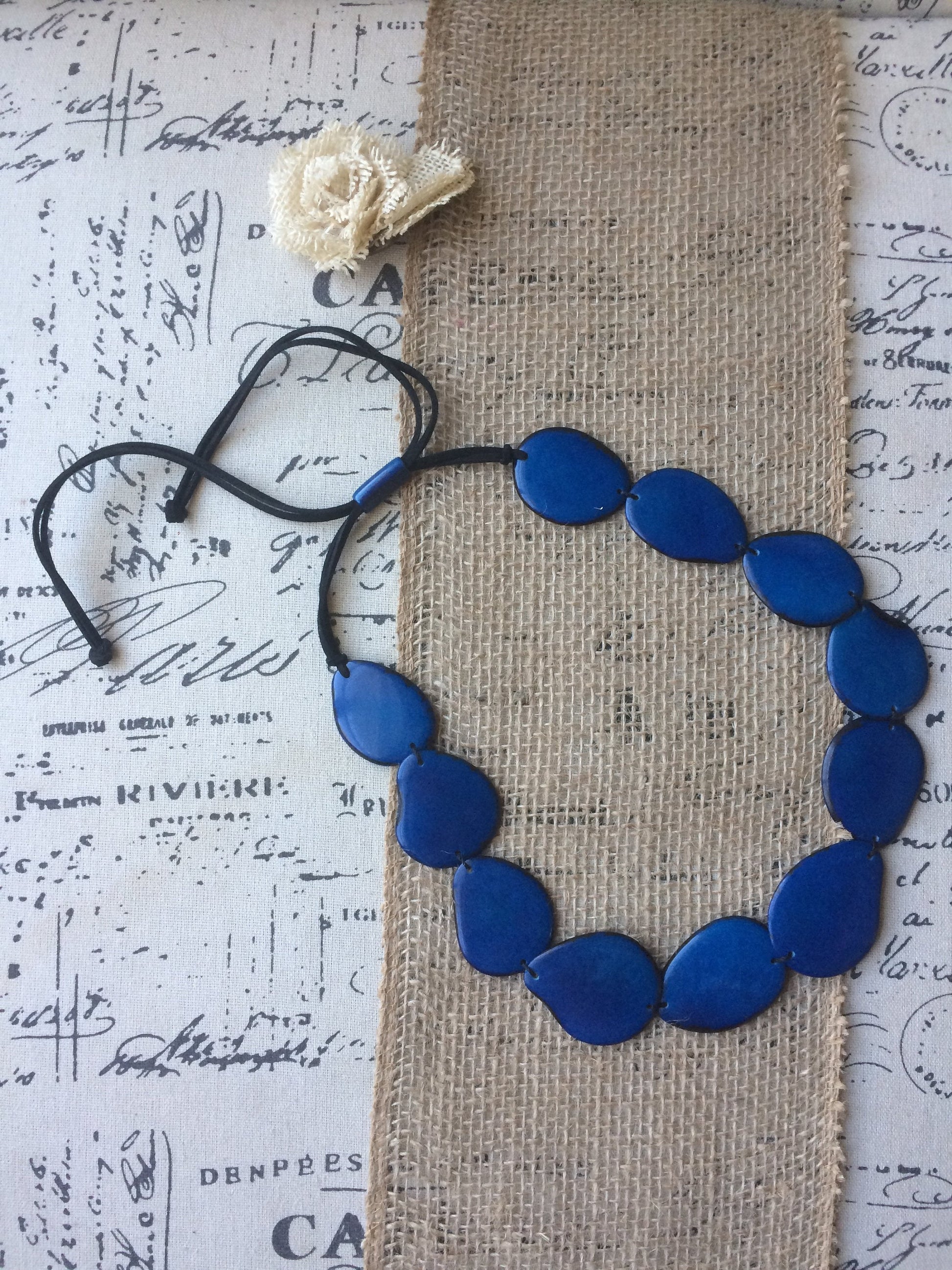 Navy blue single strand statement necklace Tagua necklace Big handmade beads Long huge oversized bead collar Fall fashion trends Artsy gifts