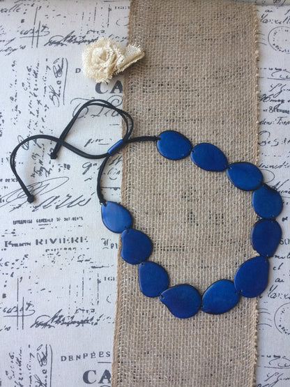 Navy blue single strand statement necklace Tagua necklace Big handmade beads Long huge oversized bead collar Fall fashion trends Artsy gifts