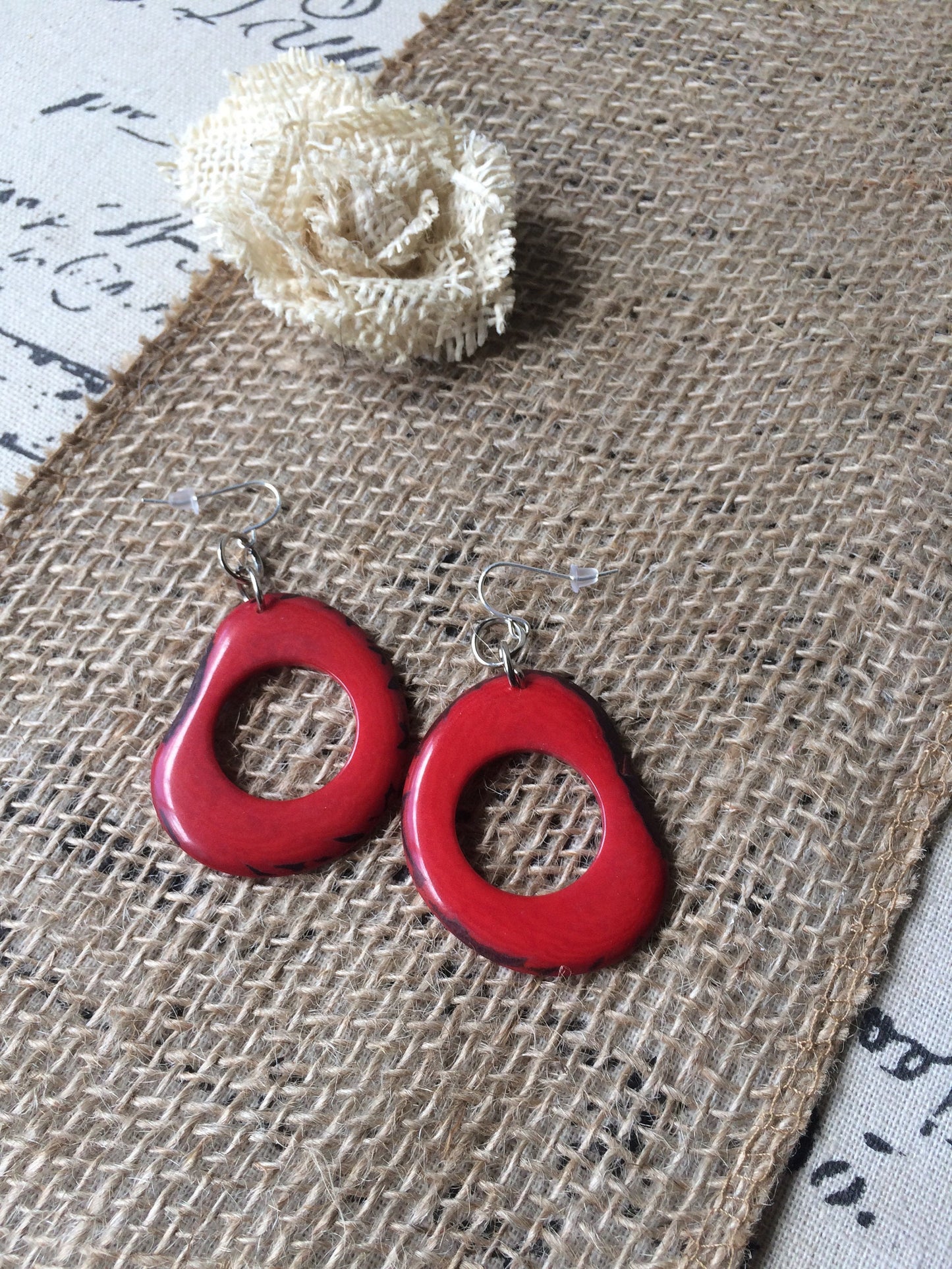 Tagua earrings Big red earrings Handmade beaded earrings Fall fashion 2025 Wearable art Artsy gifts Statement hypoallergenic earrings