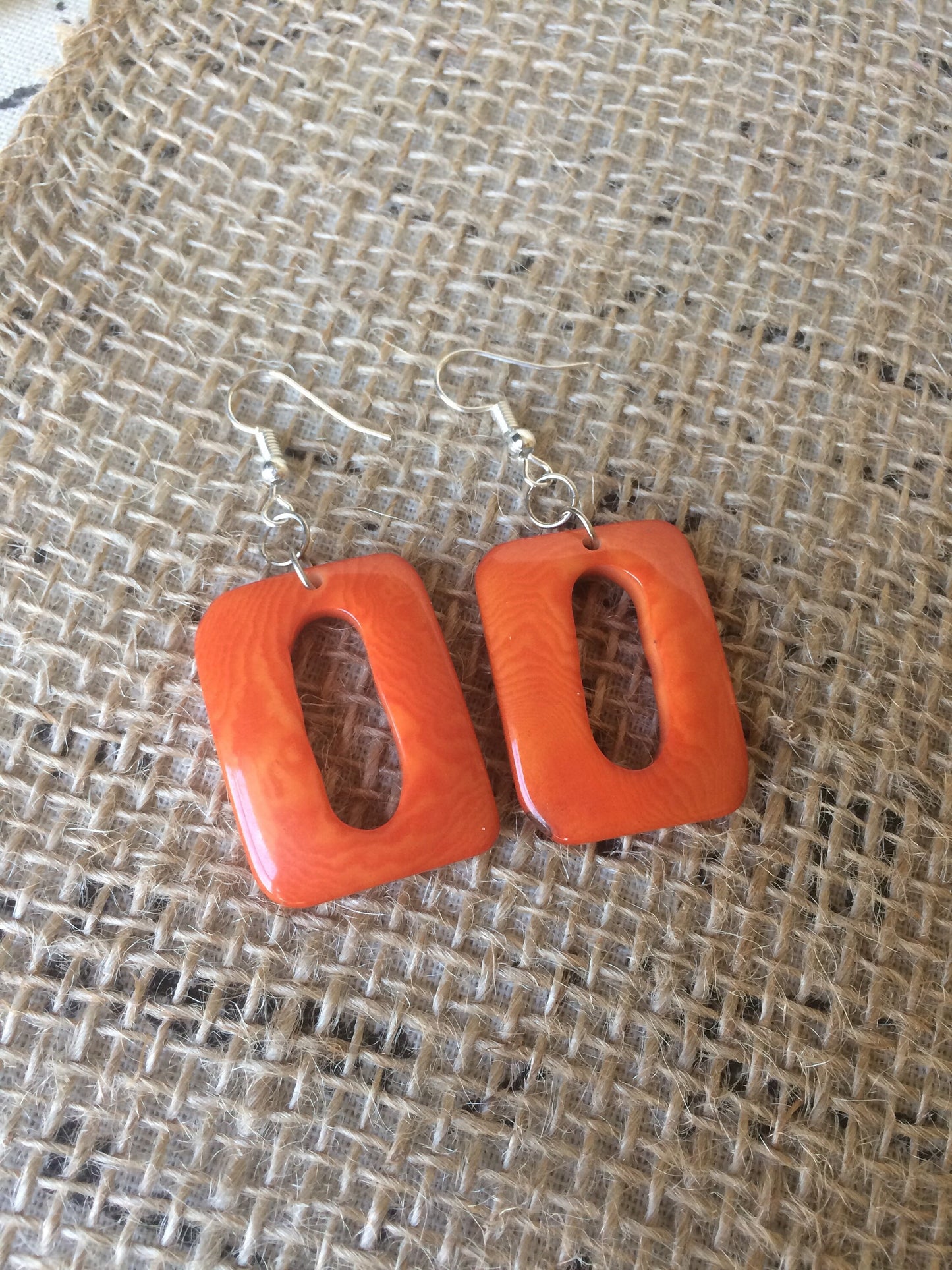 Orange geometric earrings Spring fashion accessories Tagua nut jewelry Mod boho earrings Rectangle jewelry Long dangles Statement jewellery