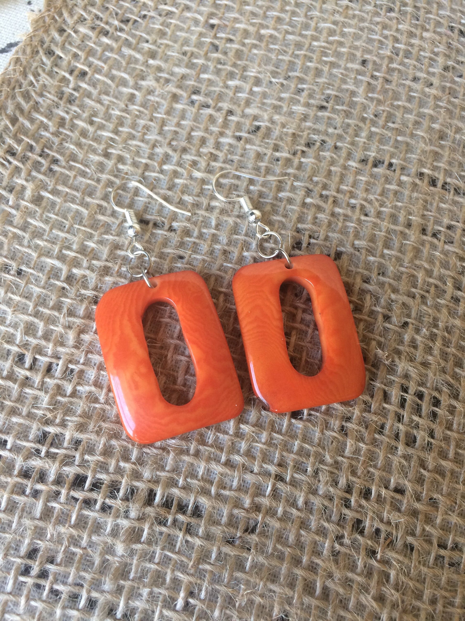 Orange geometric earrings Spring fashion accessories Tagua nut jewelry Mod boho earrings Rectangle jewelry Long dangles Statement jewellery