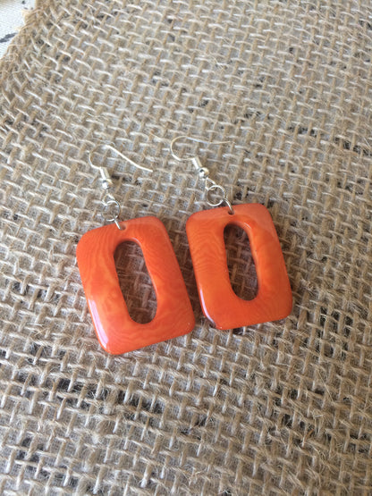Orange geometric earrings Spring fashion accessories Tagua nut jewelry Mod boho earrings Rectangle jewelry Long dangles Statement jewellery
