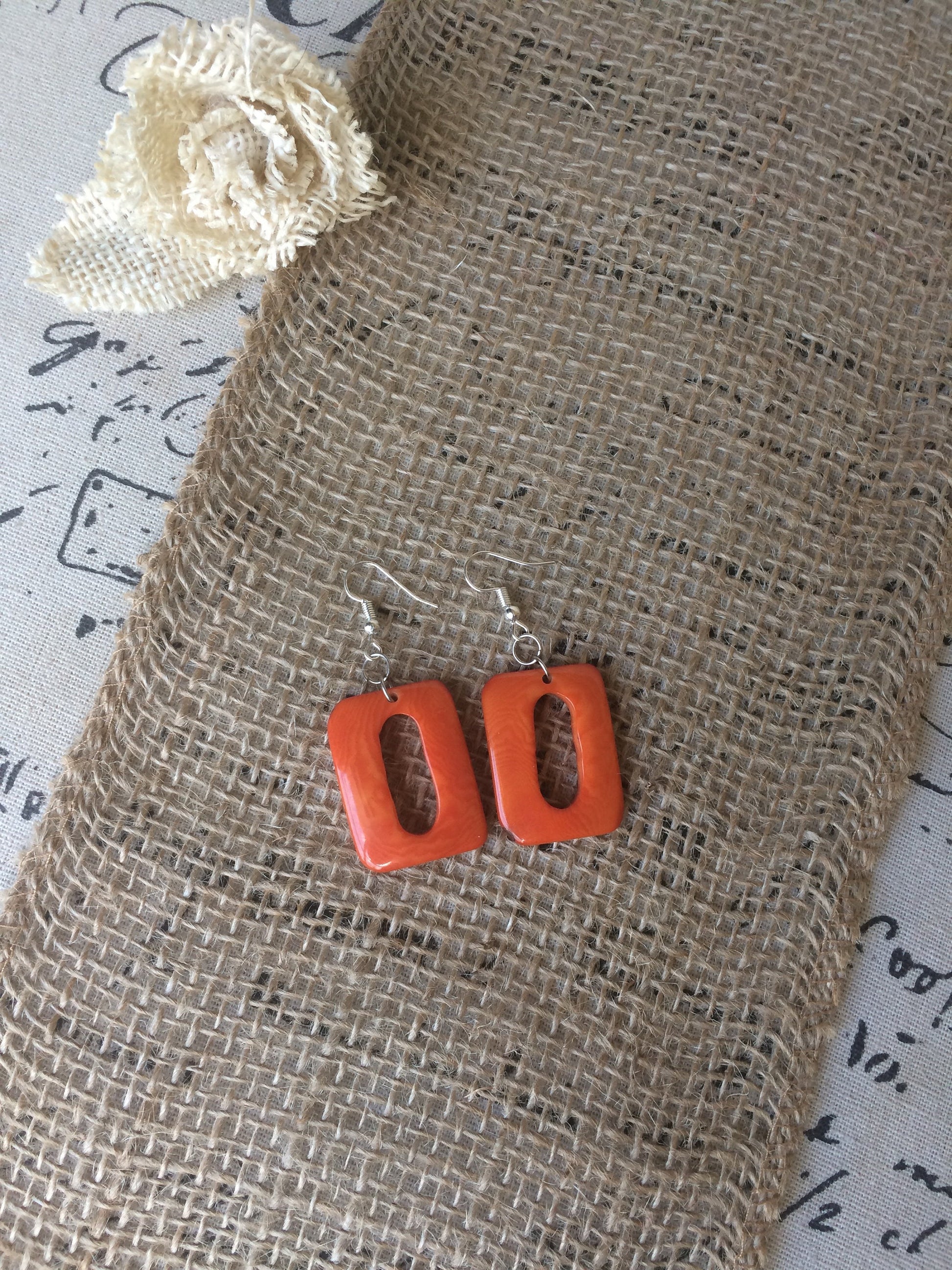 Orange geometric earrings Spring fashion accessories Tagua nut jewelry Mod boho earrings Rectangle jewelry Long dangles Statement jewellery