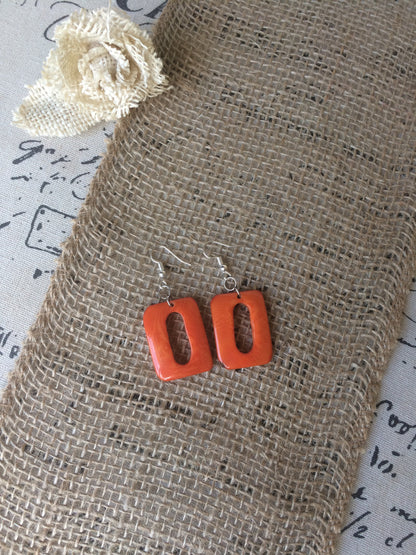 Orange geometric earrings Spring fashion accessories Tagua nut jewelry Mod boho earrings Rectangle jewelry Long dangles Statement jewellery