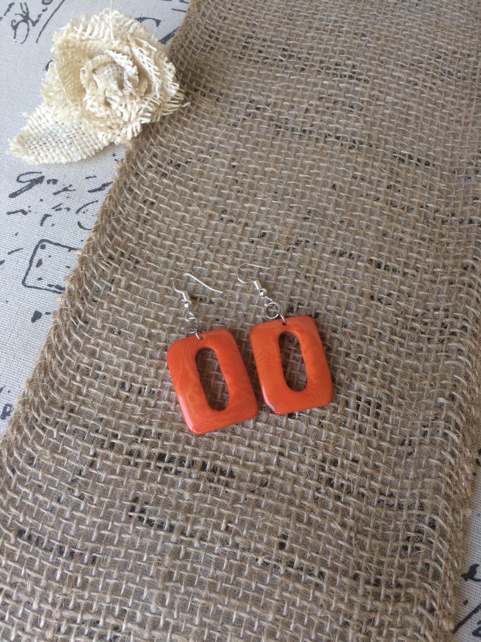 Orange geometric earrings Spring fashion accessories Tagua nut jewelry Mod boho earrings Rectangle jewelry Long dangles Statement jewellery