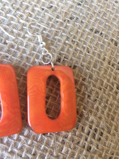 Orange geometric earrings Spring fashion accessories Tagua nut jewelry Mod boho earrings Rectangle jewelry Long dangles Statement jewellery