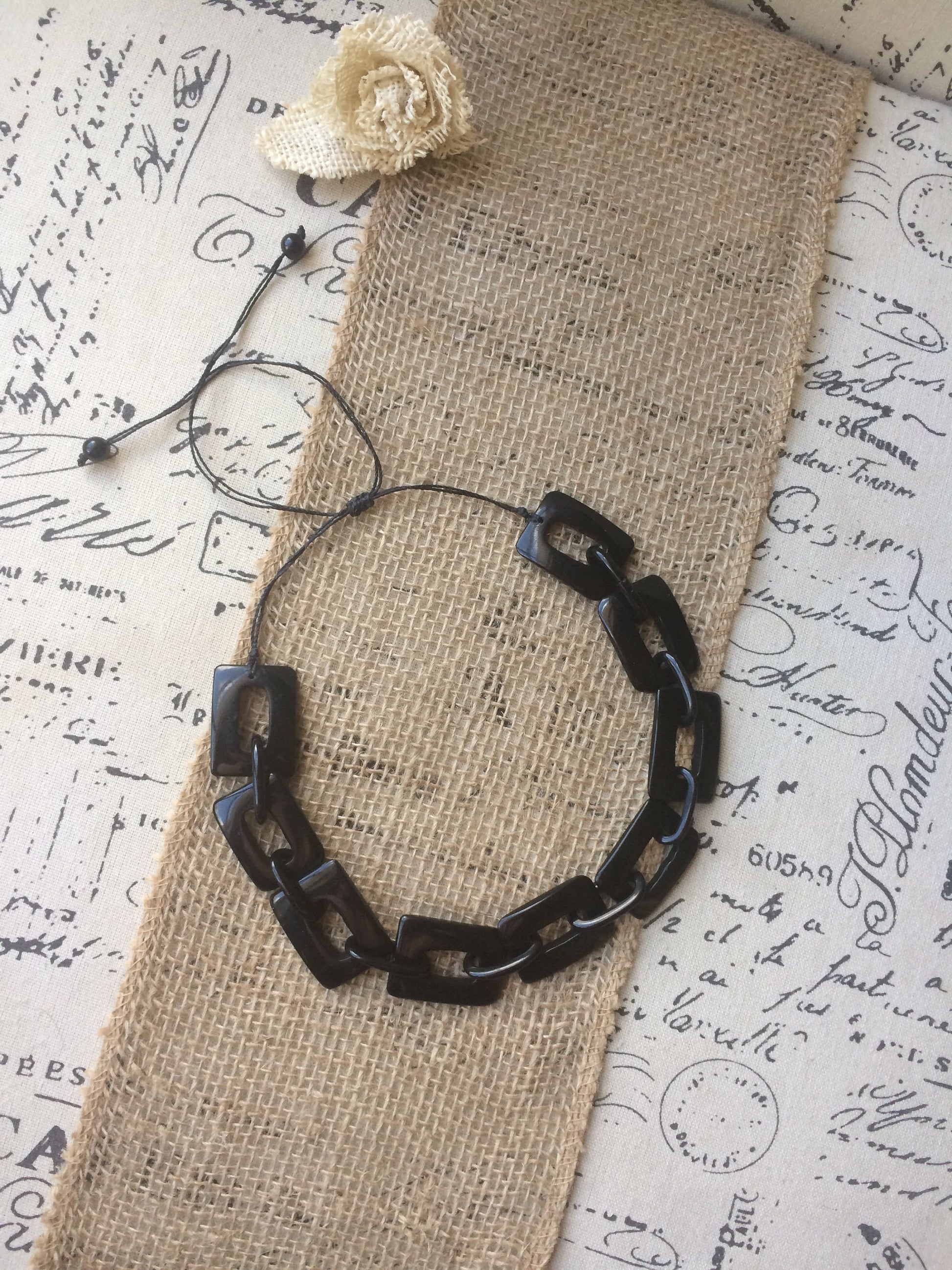 Black chain necklace Tagua jewelry Geometric statement necklace Adjustable cord Custom Fashionable gifts Handmade beaded necklace