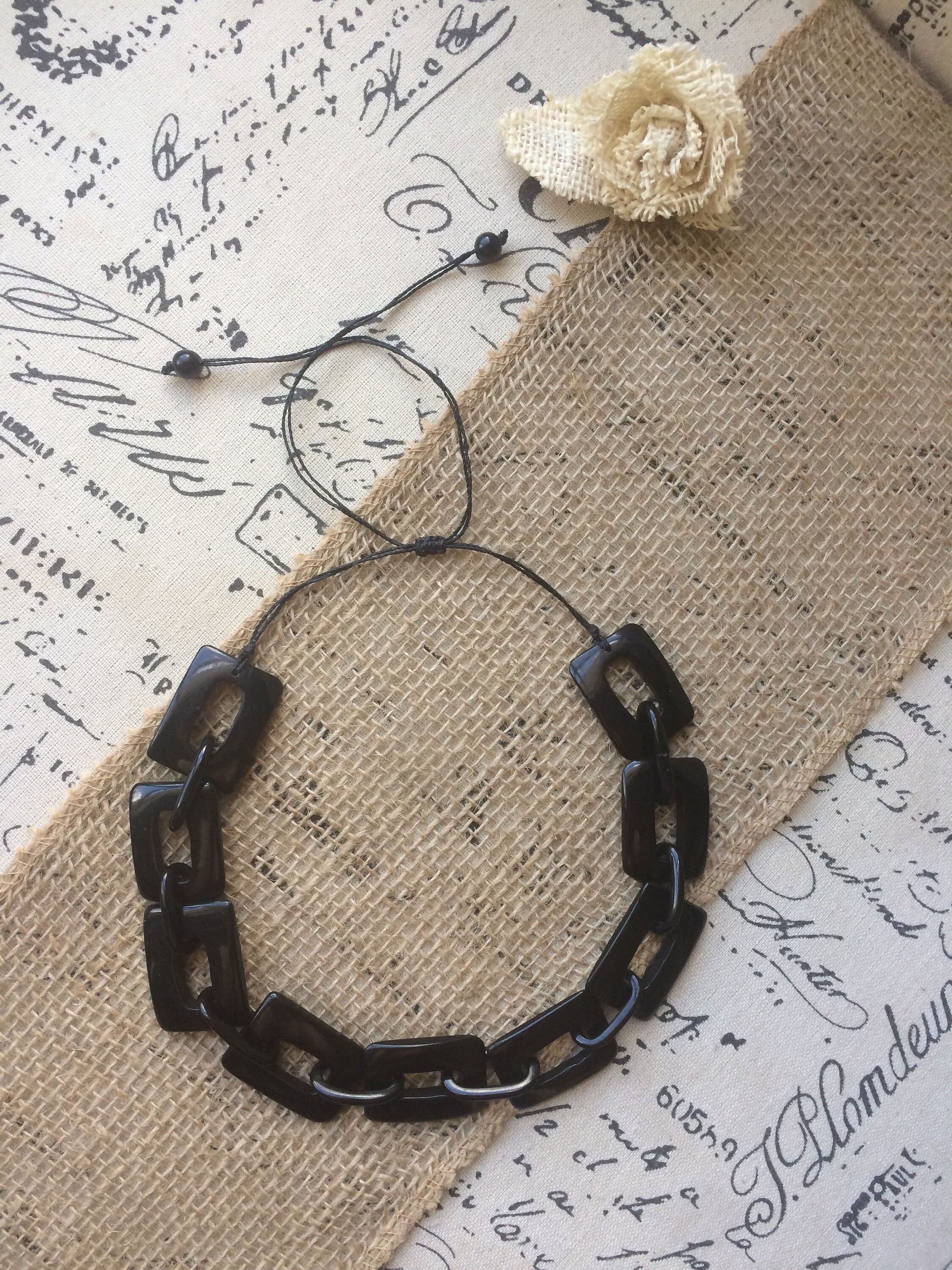 Black chain necklace Tagua jewelry Geometric statement necklace Adjustable cord Custom Fashionable gifts Handmade beaded necklace