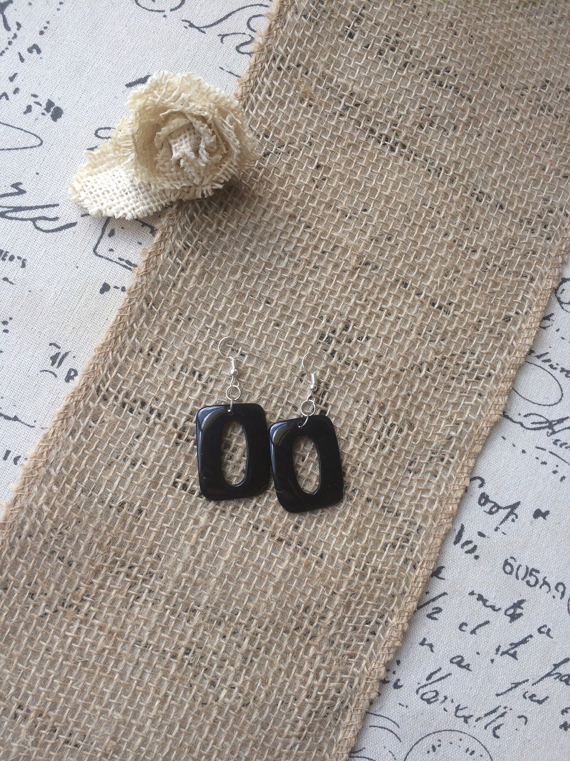 Black geometric earrings Long dangles Tagua nut jewelry Mod boho earrings Rectangle jewelry Wearable art Hypoallergenic Statement beaded