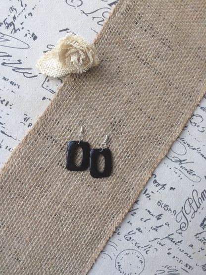 Black geometric earrings Long dangles Tagua nut jewelry Mod boho earrings Rectangle jewelry Wearable art Hypoallergenic Statement beaded