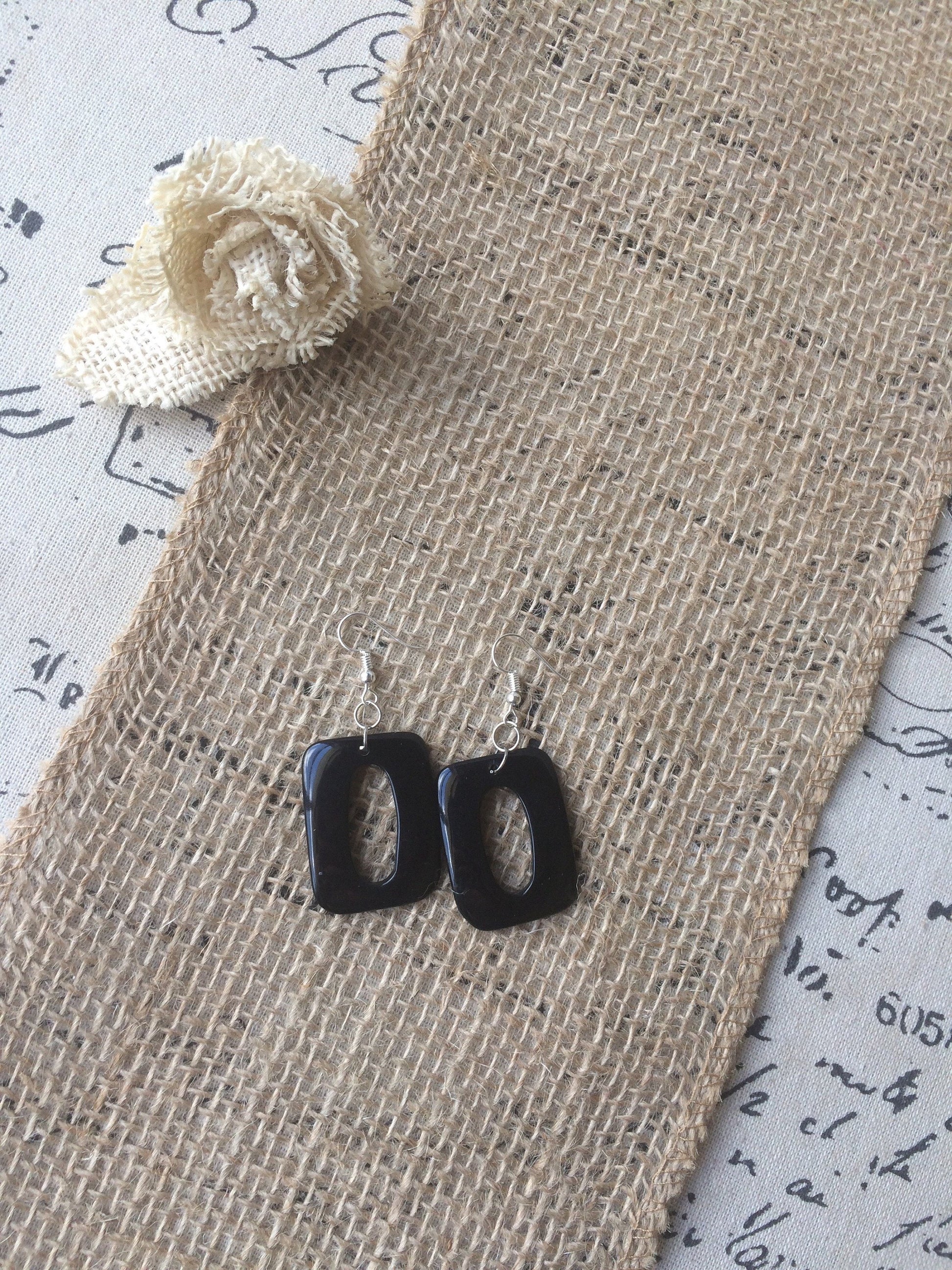 Black geometric earrings Long dangles Tagua nut jewelry Mod boho earrings Rectangle jewelry Wearable art Hypoallergenic Statement beaded