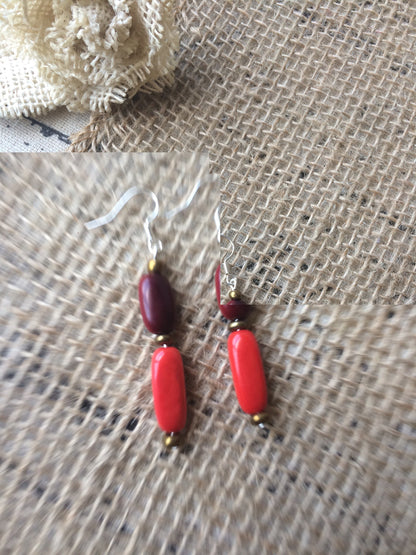 Red dangle earrings Tagua nut jewelry Geometric jewelry Long drops Lightweight dangle earrings Artisan made Fall fashion trends