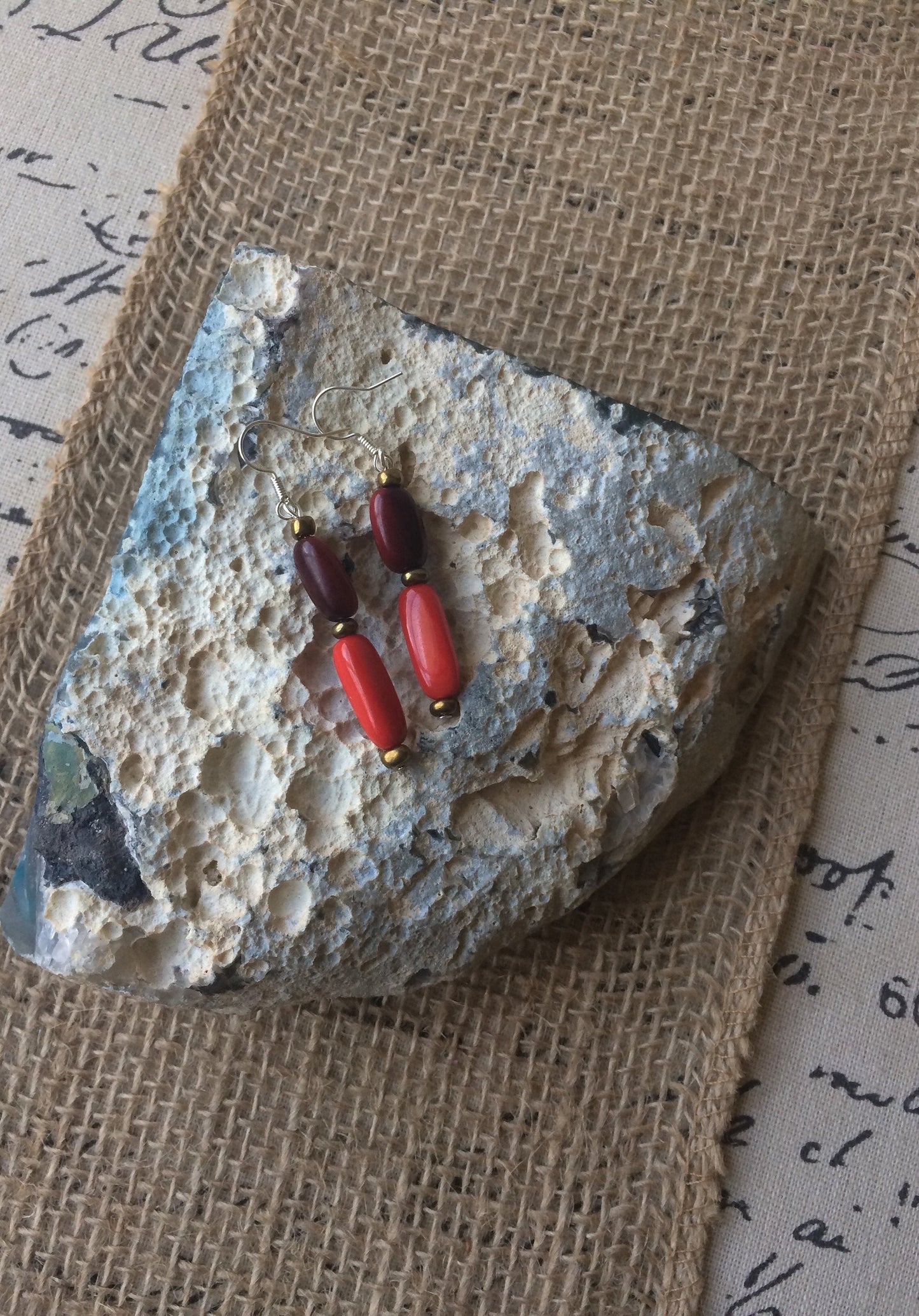 Red dangle earrings Tagua nut jewelry Geometric jewelry Long drops Lightweight dangle earrings Artisan made Fall fashion trends