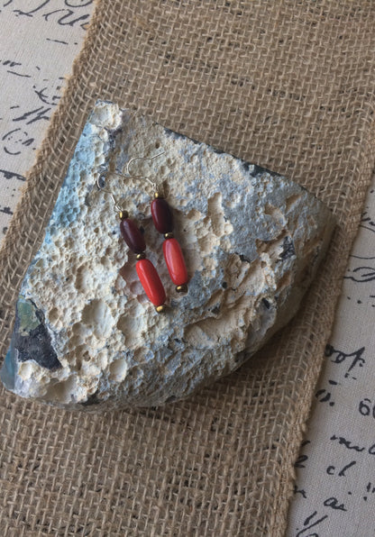 Red dangle earrings Tagua nut jewelry Geometric jewelry Long drops Lightweight dangle earrings Artisan made Fall fashion trends