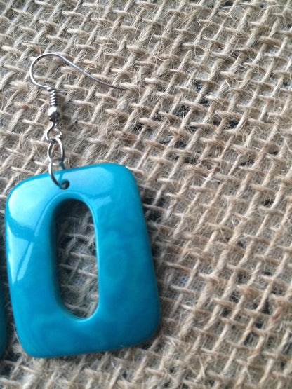 Turquoise geometric earrings Mod boho earrings Tagua nut jewelry Fall fashion Rectangle jewelry Long dangles Wearable art Statement drops