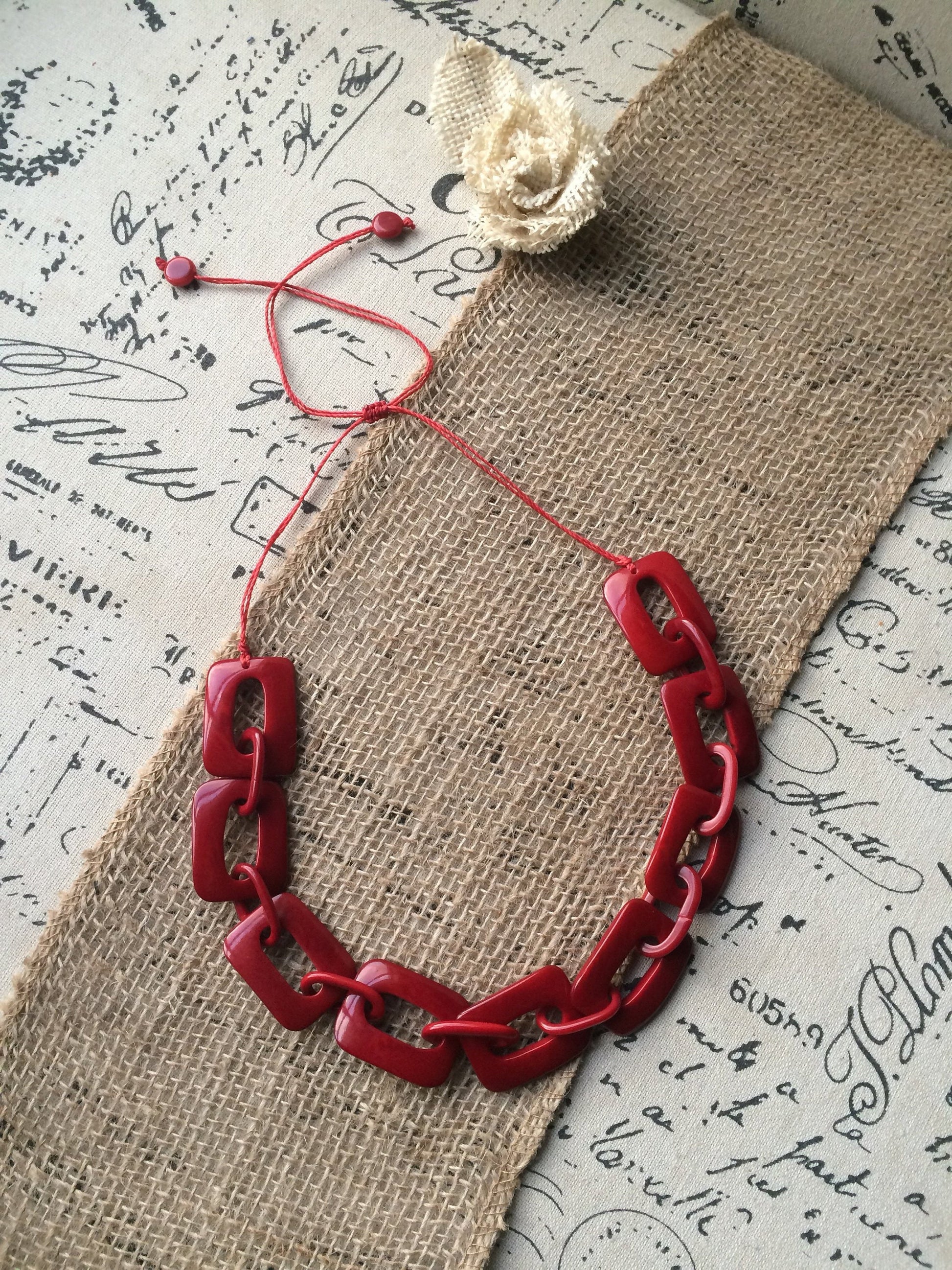 Red chain link necklace Tagua jewelry Christmas fashion Geometric beaded jewelry Adjustable cord Wearable art Holiday gift for her