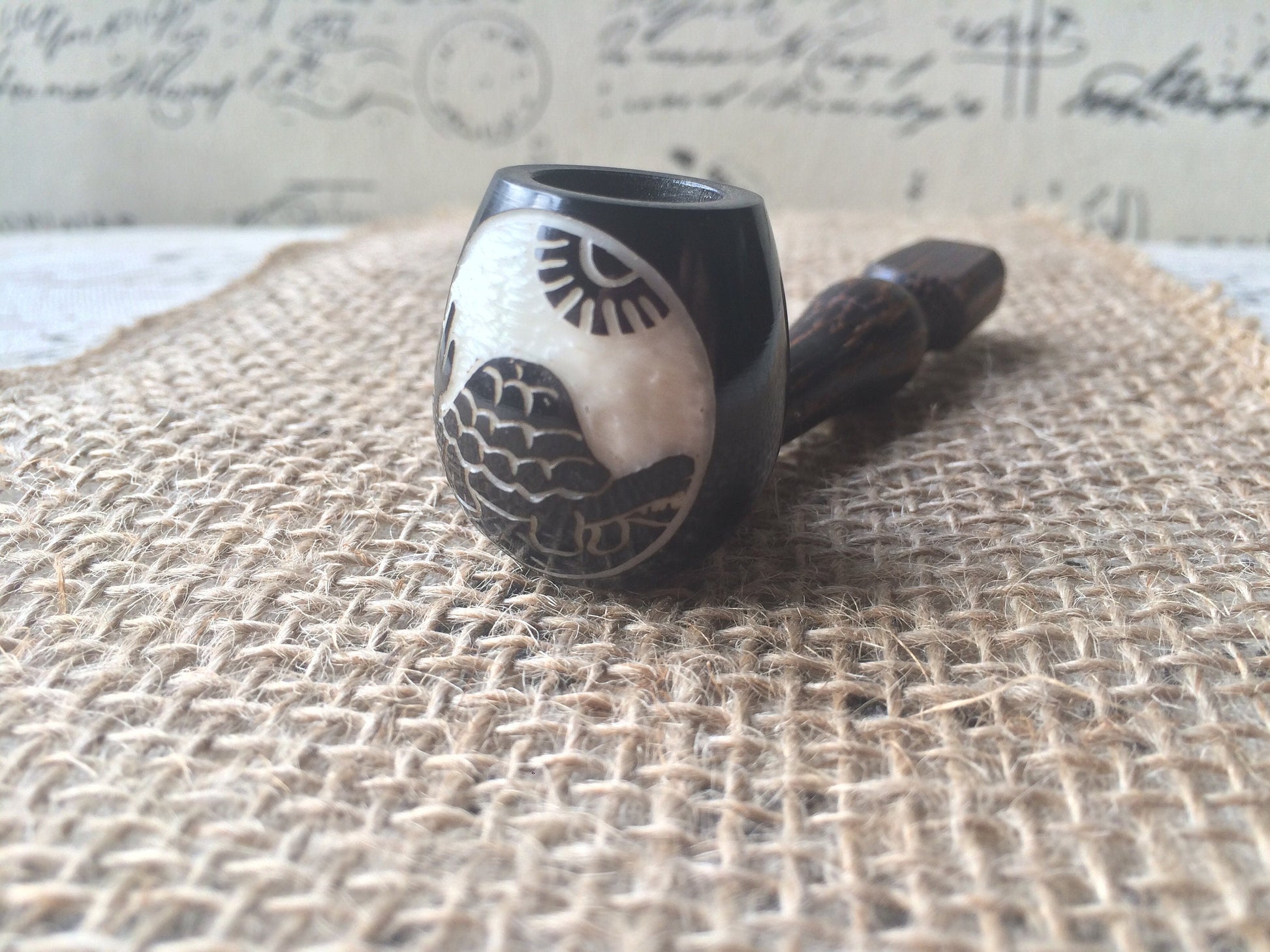 Galapagos turtle smoking pipe Handcrafted smoking bowl Tagua nut and wood Unique tribal hand pipe Shamanic healing tools Carved mini pipe