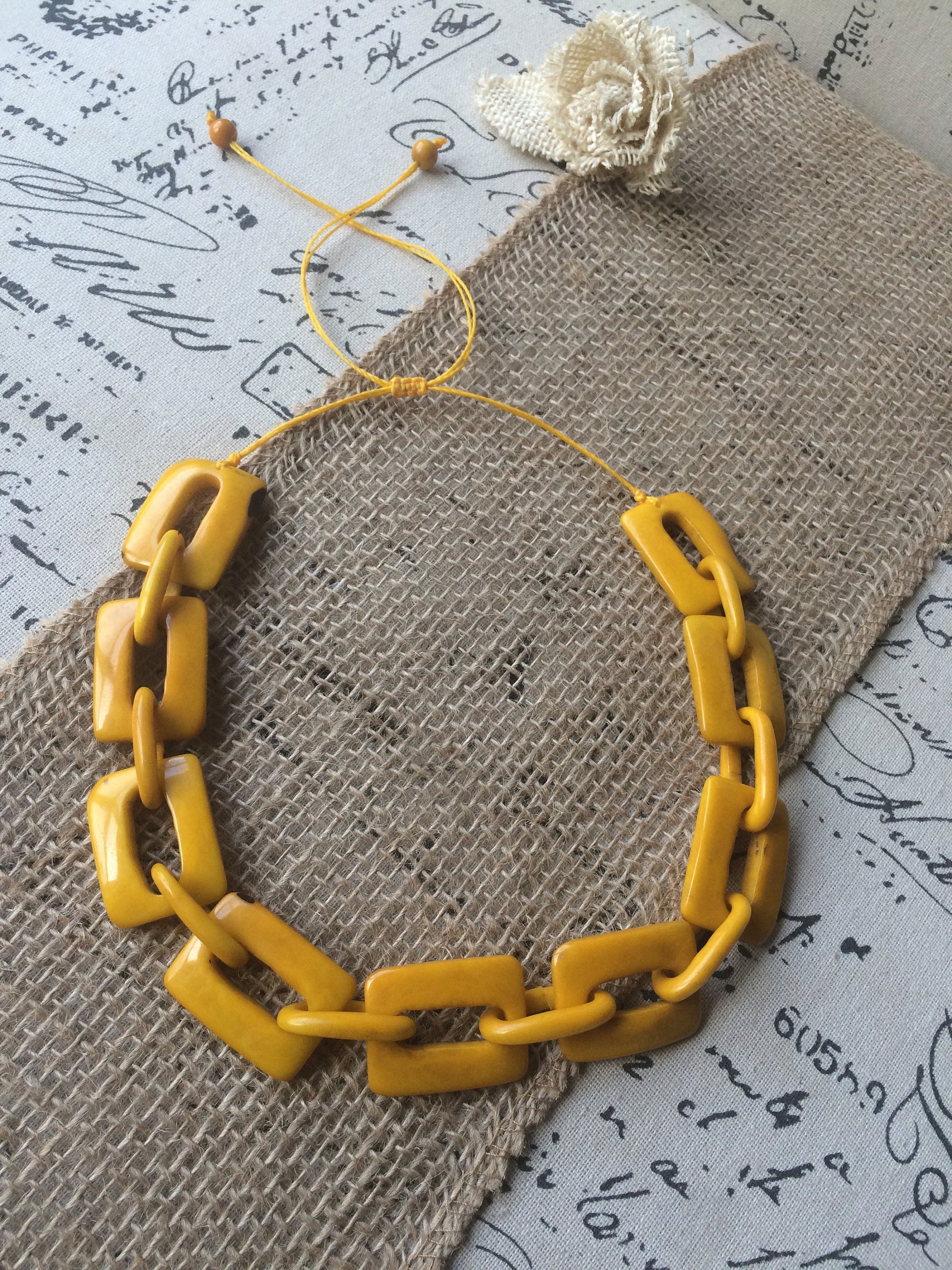 Big bead yellow necklace Tagua jewelry Oversized beaded collar Geometric statement necklace Chunky bib for bridesmaids Spring fashion trends