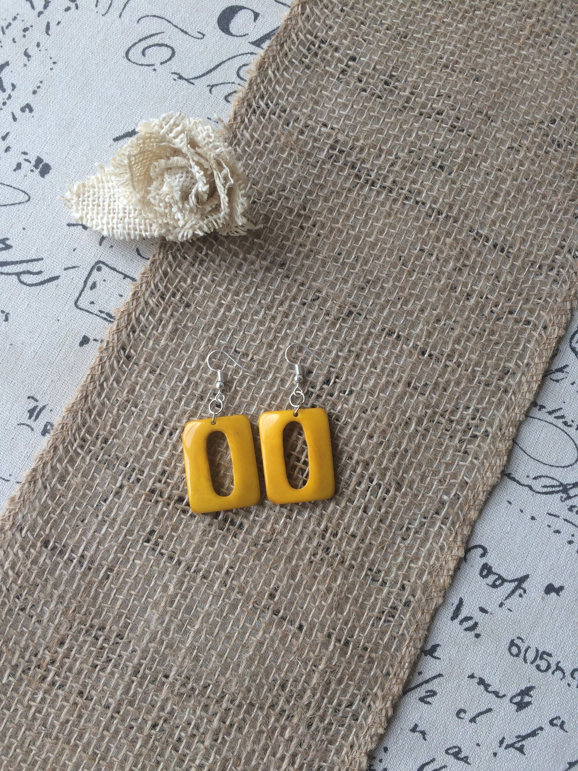Yellow geometric earrings Tagua nut jewelry Summer fashion Rectangle beaded earrings Dangly drop earrings Art to wear Hypoallergenic
