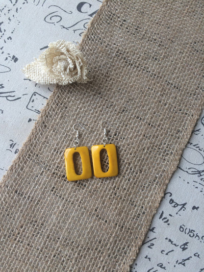 Yellow geometric earrings Tagua nut jewelry Summer fashion Rectangle beaded earrings Dangly drop earrings Art to wear Hypoallergenic