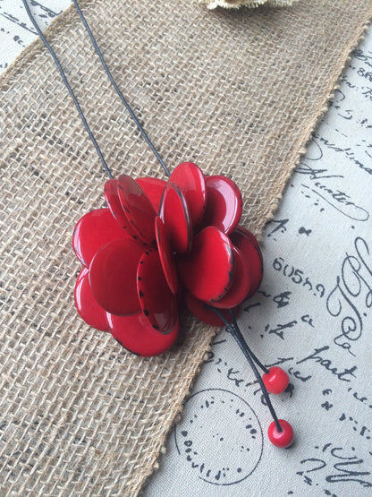 Red flower pendant necklace Tagua nut jewelry Floral pendant Wearable art Chunky statement pendant Adjustable cord Rose handmade pendant