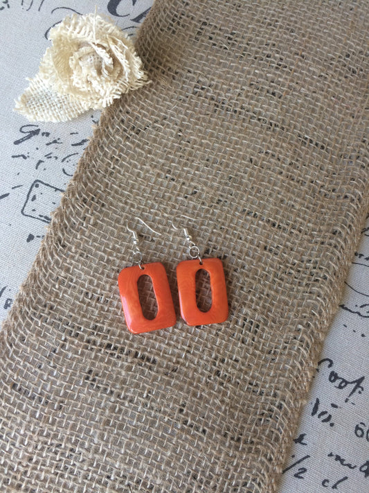 Orange geometric earrings Spring fashion accessories Tagua nut jewelry Mod boho earrings Rectangle jewelry Long dangles Statement jewellery