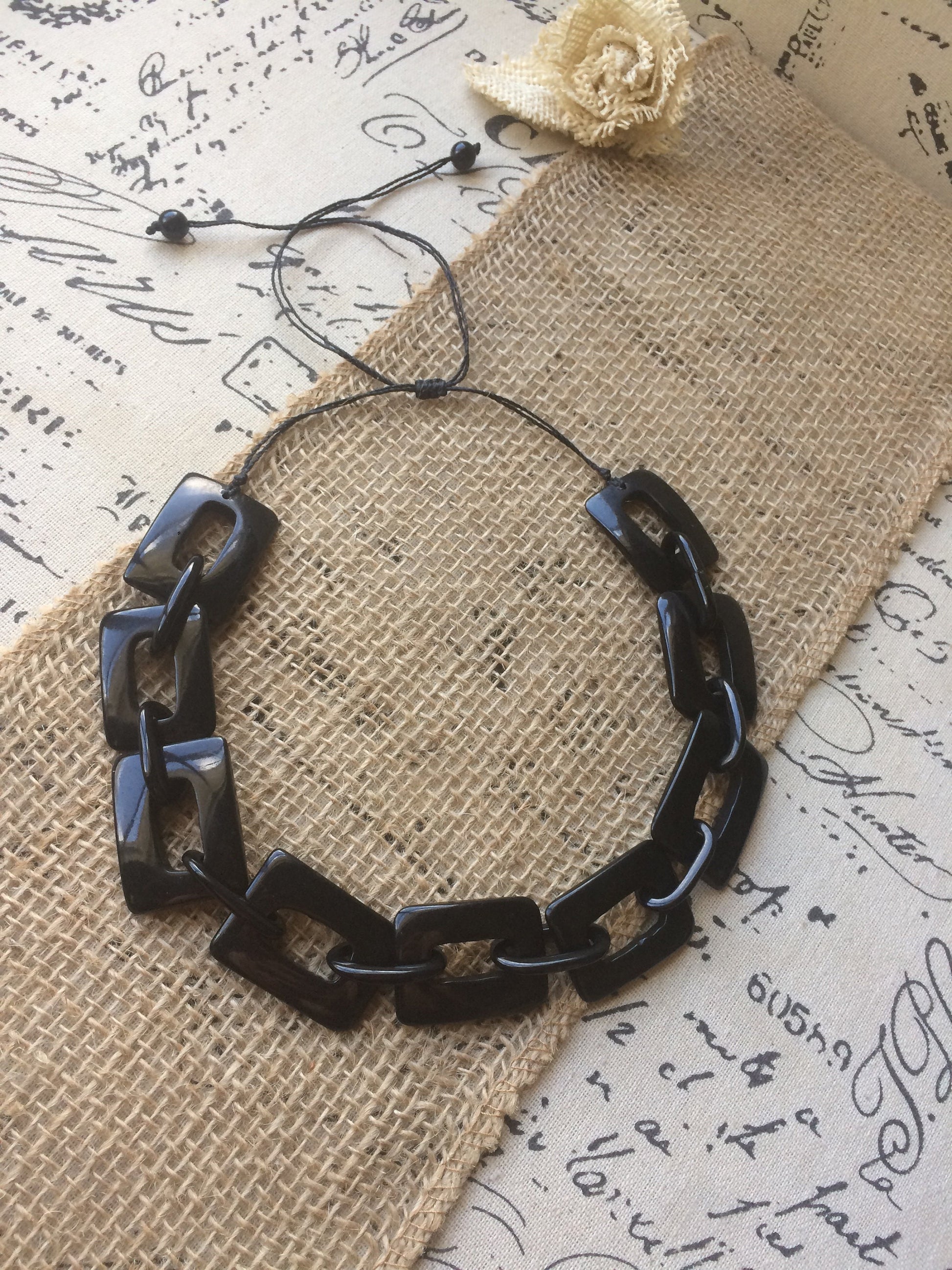 Black chain necklace Tagua jewelry Geometric statement necklace Adjustable cord Custom Fashionable gifts Handmade beaded necklace