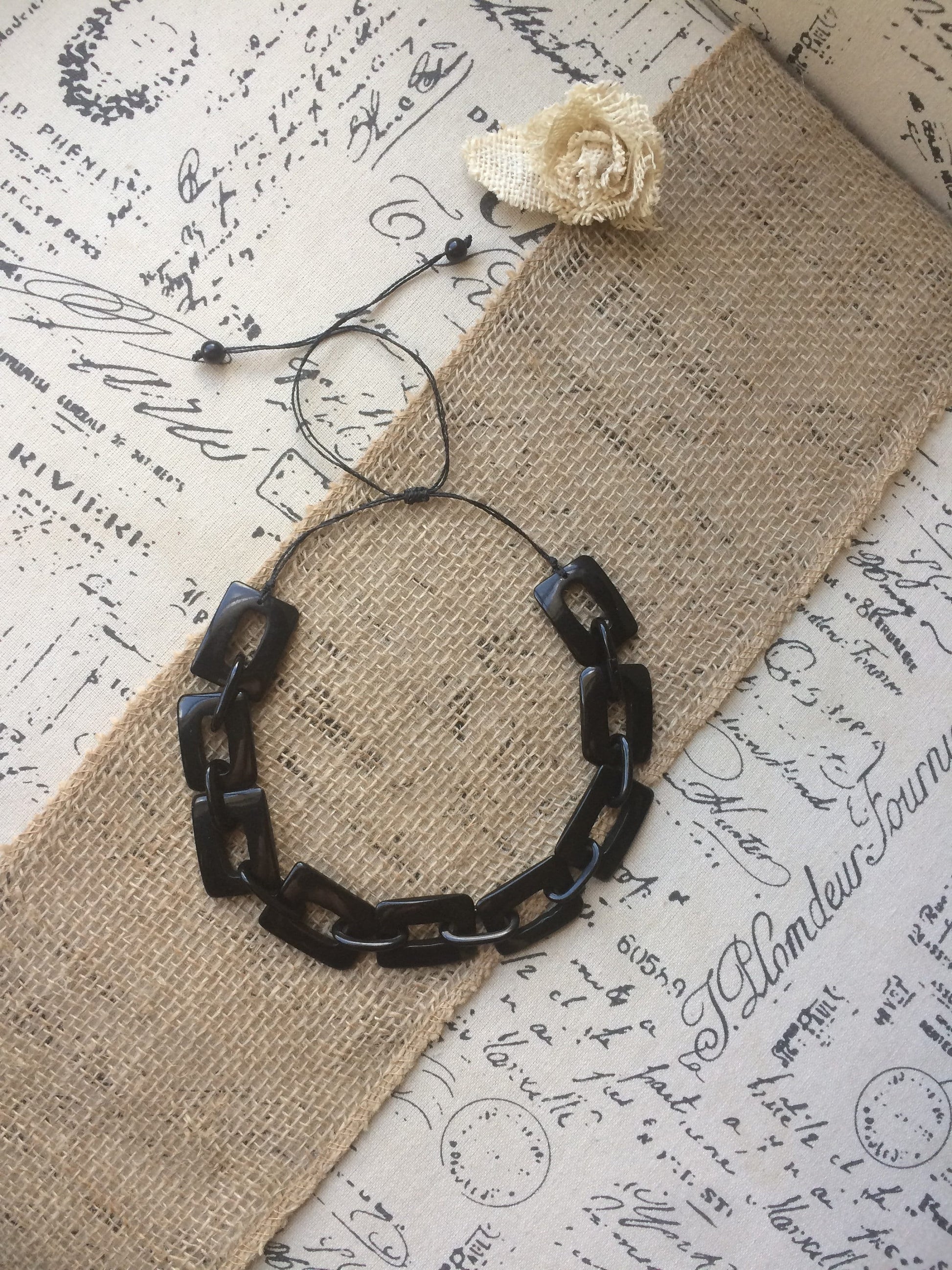 Black chain necklace Tagua jewelry Geometric statement necklace Adjustable cord Custom Fashionable gifts Handmade beaded necklace