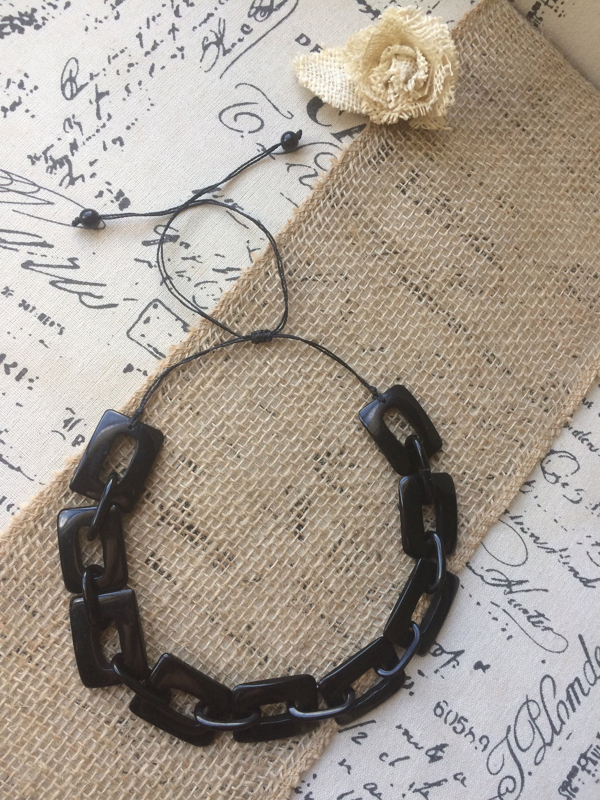 Black chain necklace Tagua jewelry Geometric statement necklace Adjustable cord Custom Fashionable gifts Handmade beaded necklace