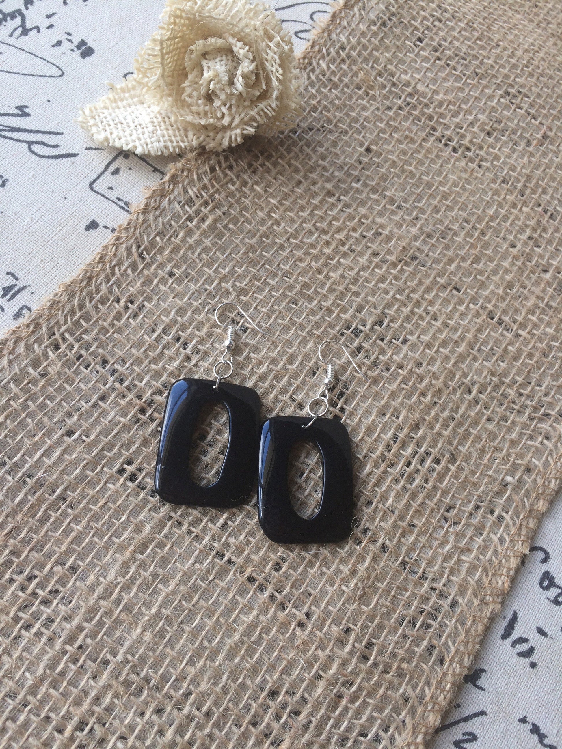 Black geometric earrings Long dangles Tagua nut jewelry Mod boho earrings Rectangle jewelry Wearable art Hypoallergenic Statement beaded