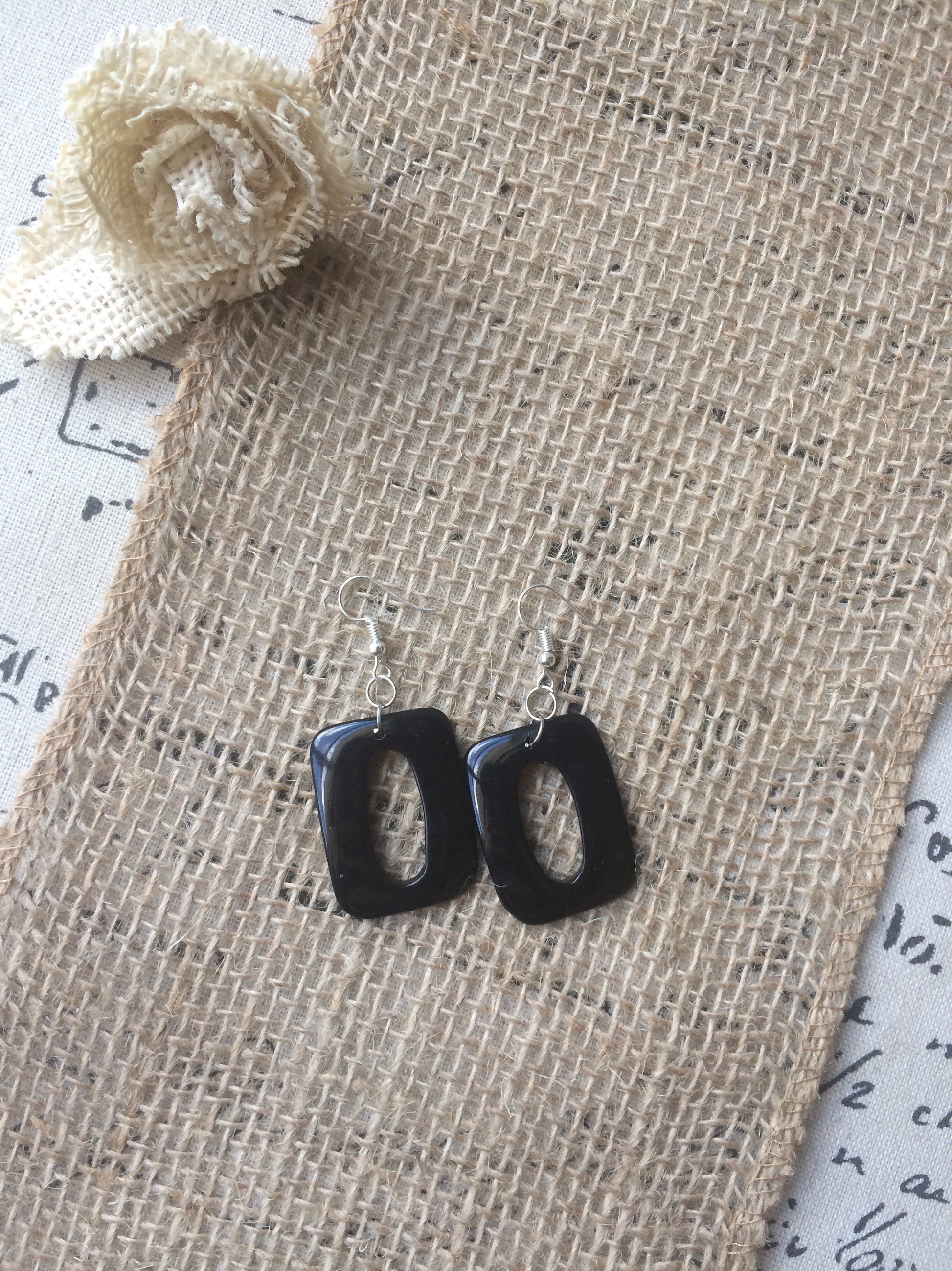 Black geometric earrings Long dangles Tagua nut jewelry Mod boho earrings Rectangle jewelry Wearable art Hypoallergenic Statement beaded