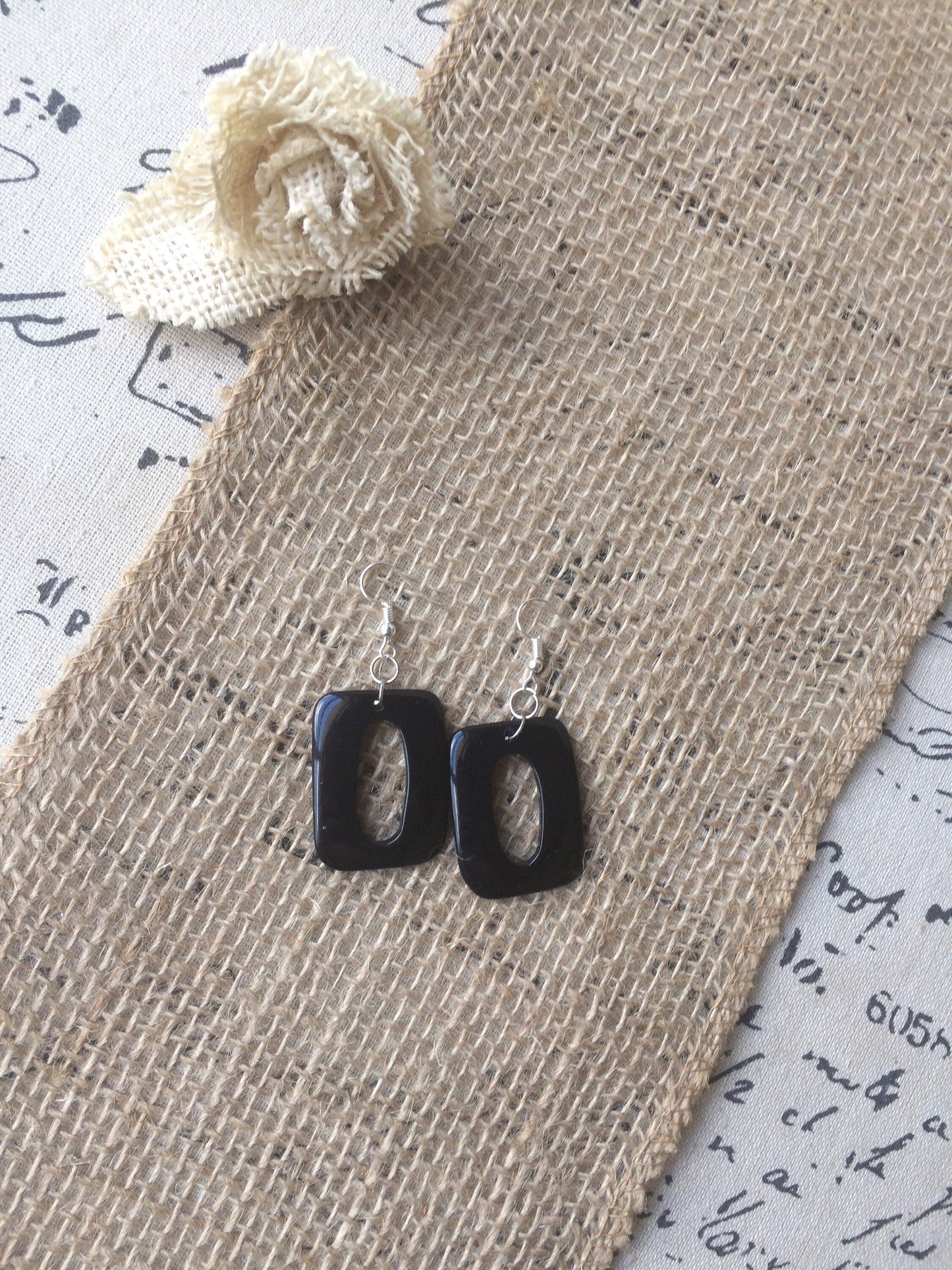 Black geometric earrings Long dangles Tagua nut jewelry Mod boho earrings Rectangle jewelry Wearable art Hypoallergenic Statement beaded