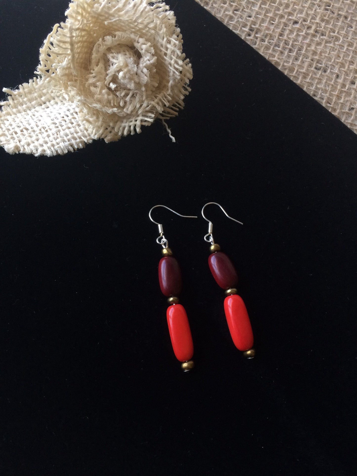 Red dangle earrings Tagua nut jewelry Geometric jewelry Long drops Lightweight dangle earrings Artisan made Fall fashion trends