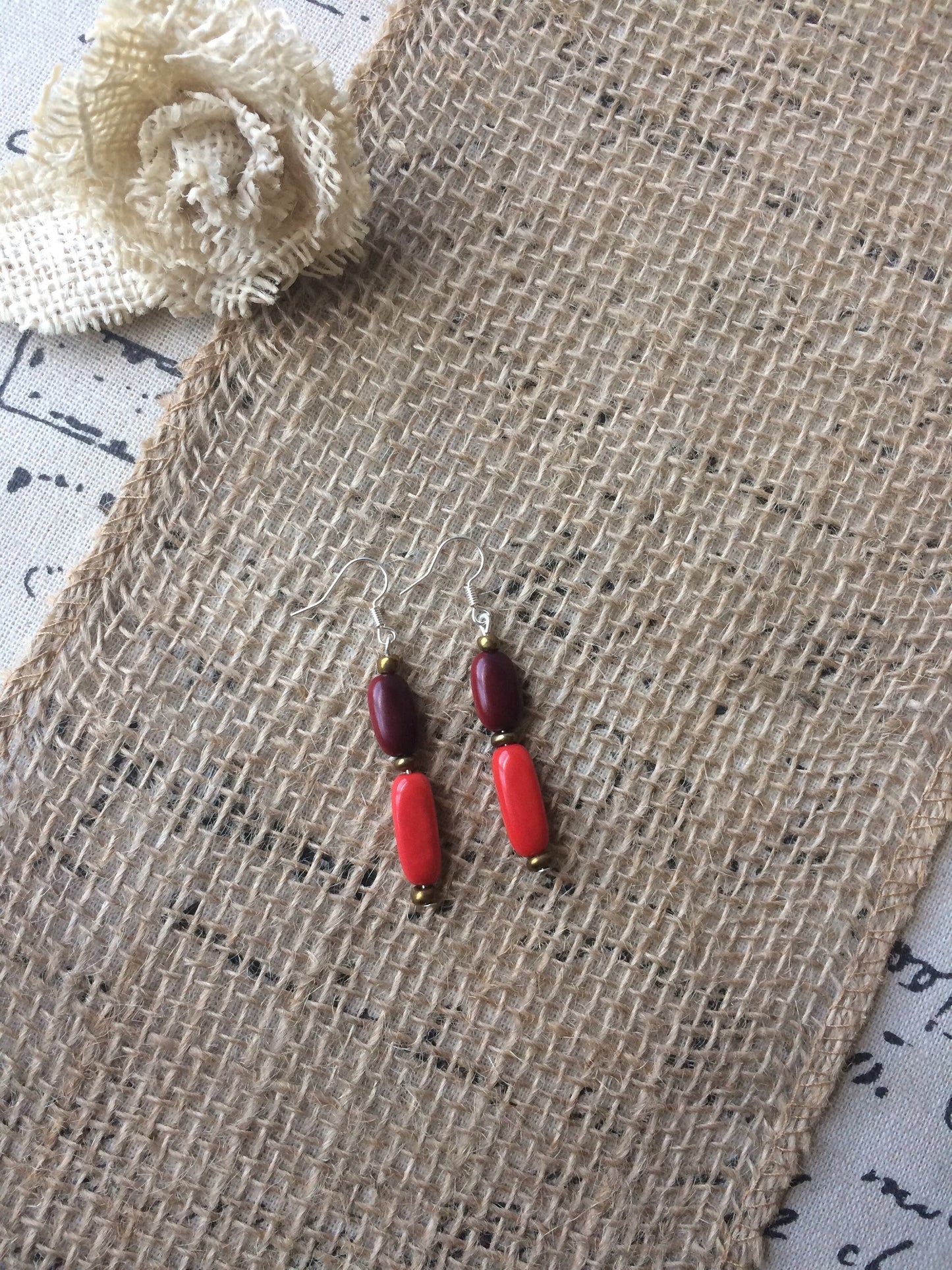 Red dangle earrings Tagua nut jewelry Geometric jewelry Long drops Lightweight dangle earrings Artisan made Fall fashion trends