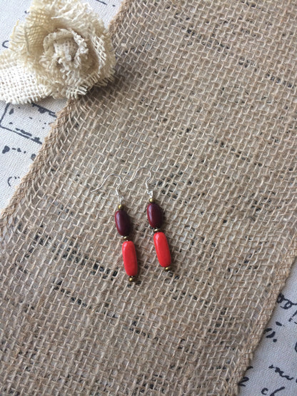 Red dangle earrings Tagua nut jewelry Geometric jewelry Long drops Lightweight dangle earrings Artisan made Fall fashion trends