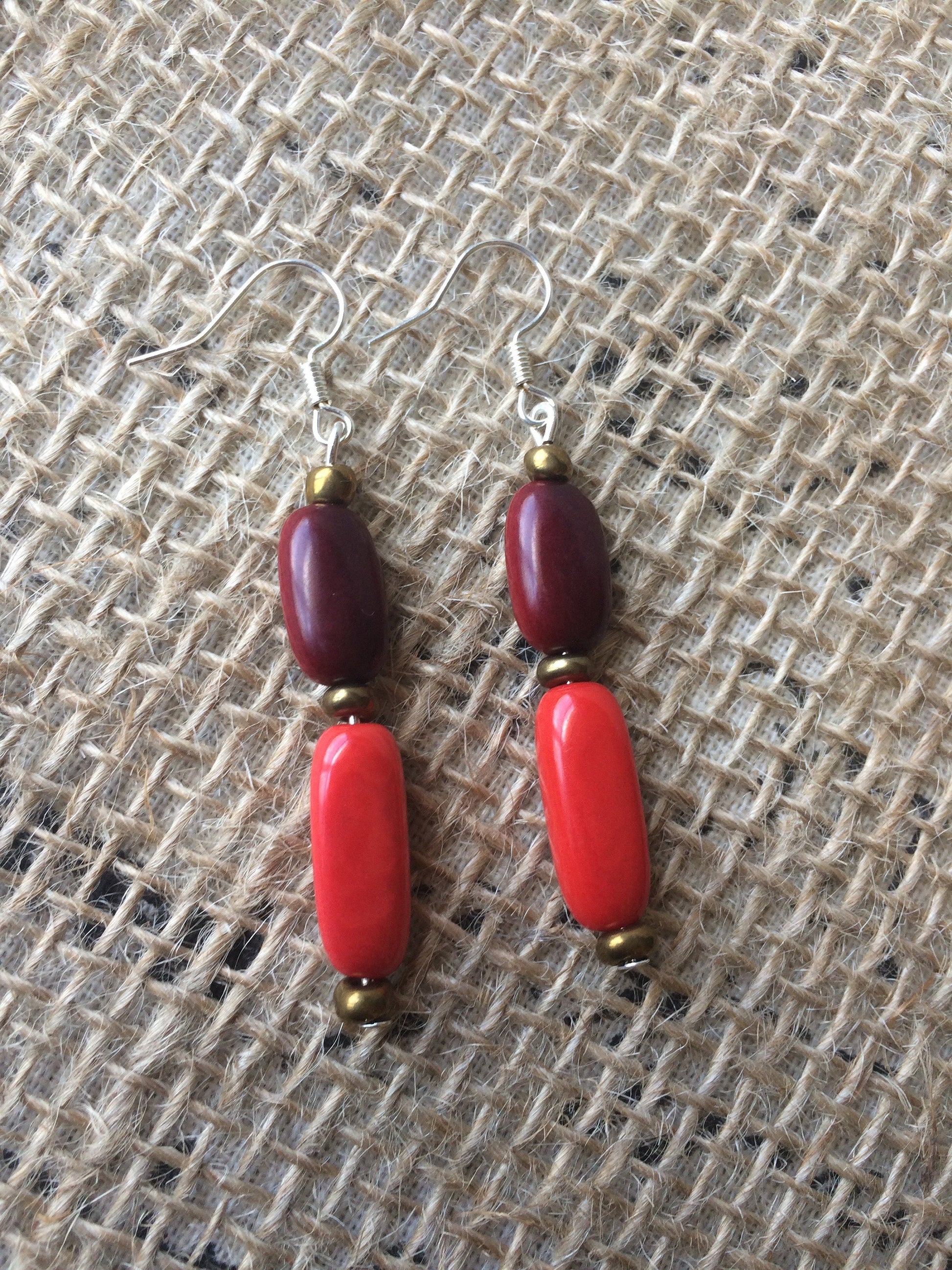 Red dangle earrings Tagua nut jewelry Geometric jewelry Long drops Lightweight dangle earrings Artisan made Fall fashion trends