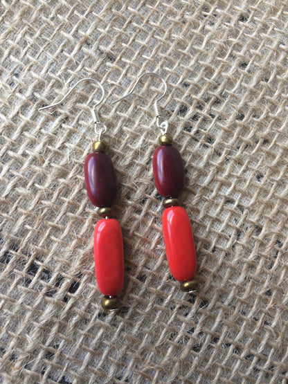 Red dangle earrings Tagua nut jewelry Geometric jewelry Long drops Lightweight dangle earrings Artisan made Fall fashion trends