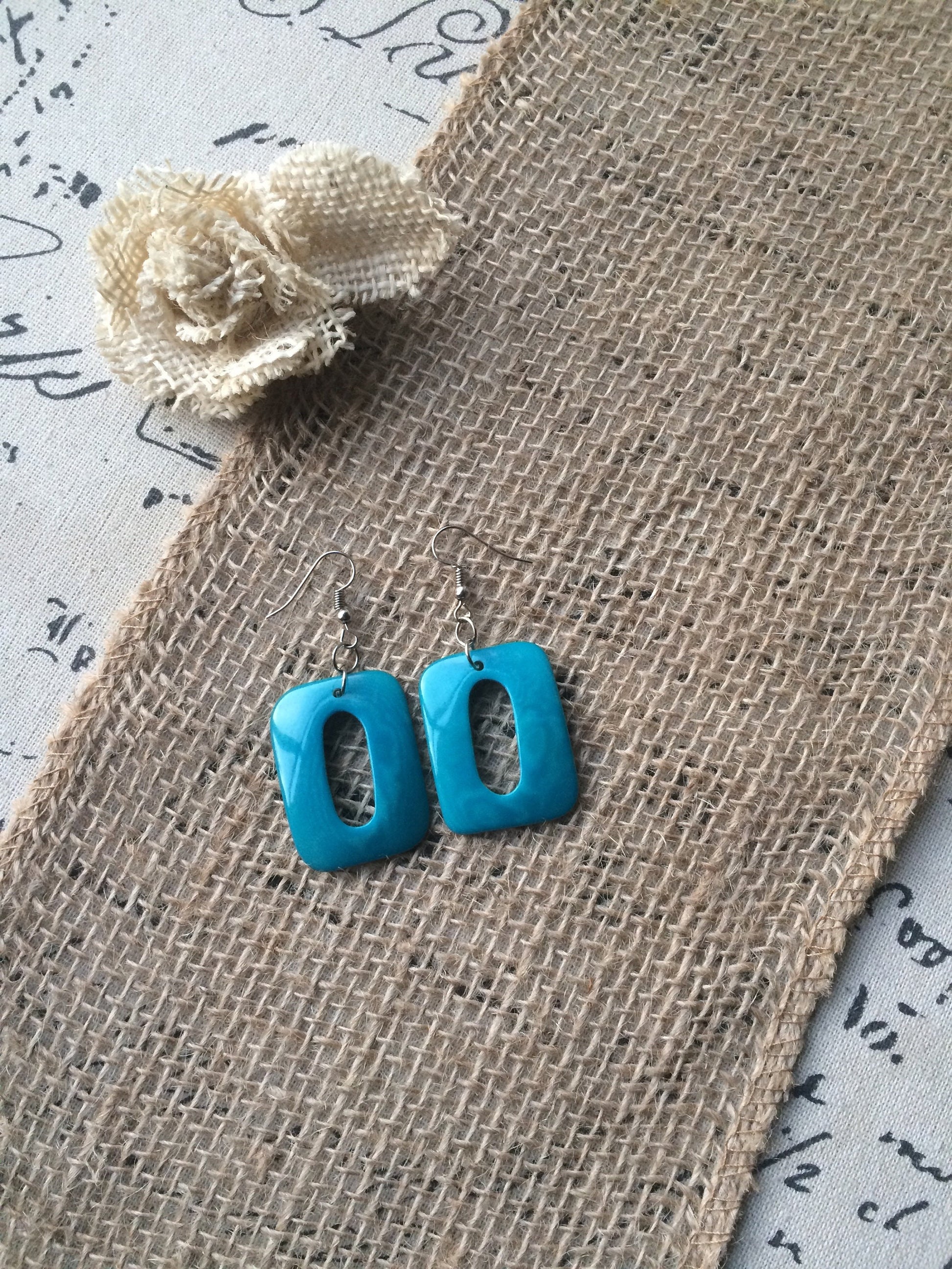 Turquoise geometric earrings Mod boho earrings Tagua nut jewelry Fall fashion Rectangle jewelry Long dangles Wearable art Statement drops