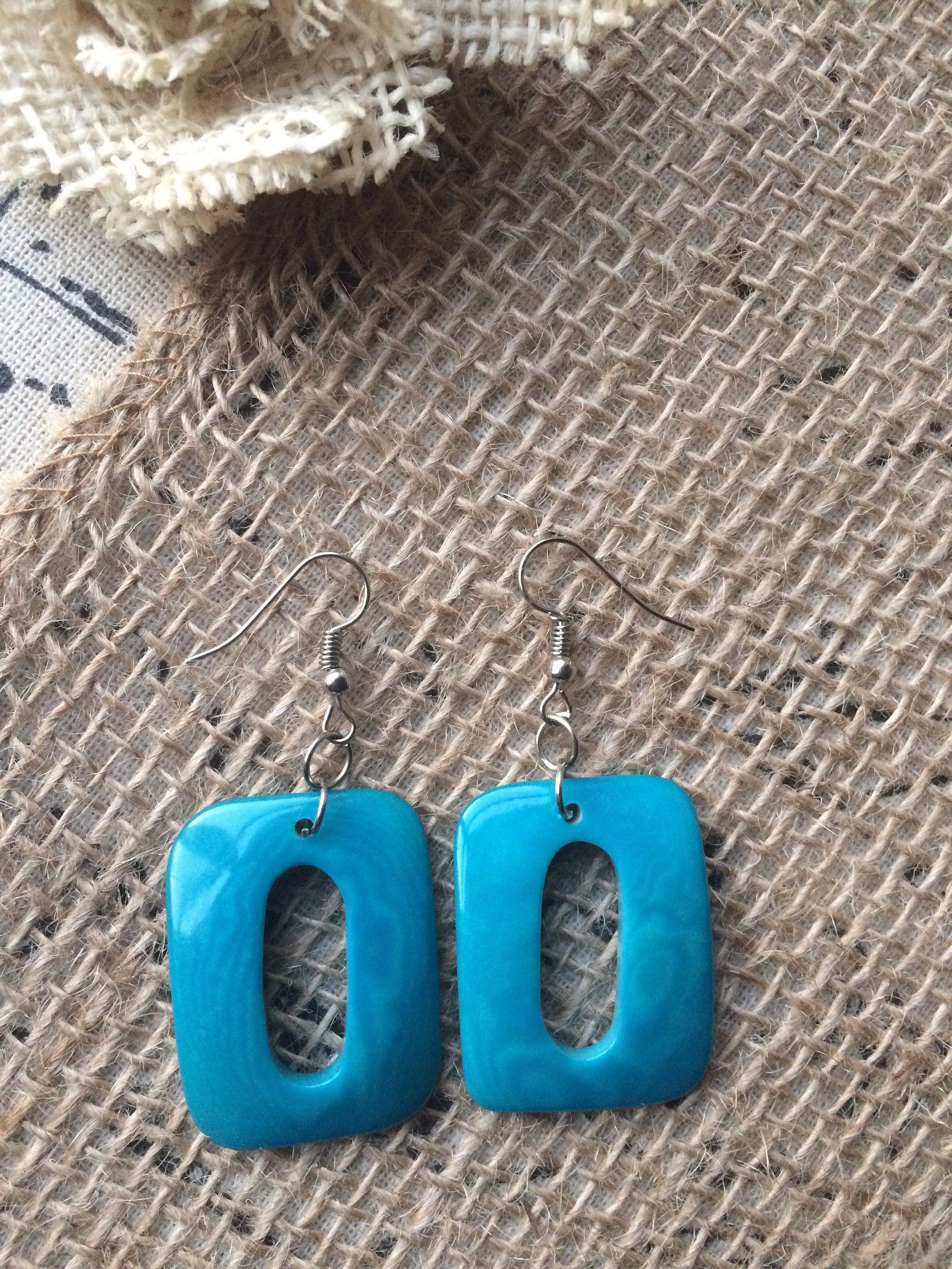 Turquoise geometric earrings Mod boho earrings Tagua nut jewelry Fall fashion Rectangle jewelry Long dangles Wearable art Statement drops