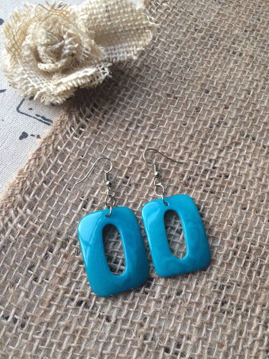 Turquoise geometric earrings Mod boho earrings Tagua nut jewelry Summer fashion Rectangle jewelry Long dangles Wearable art Statement drops