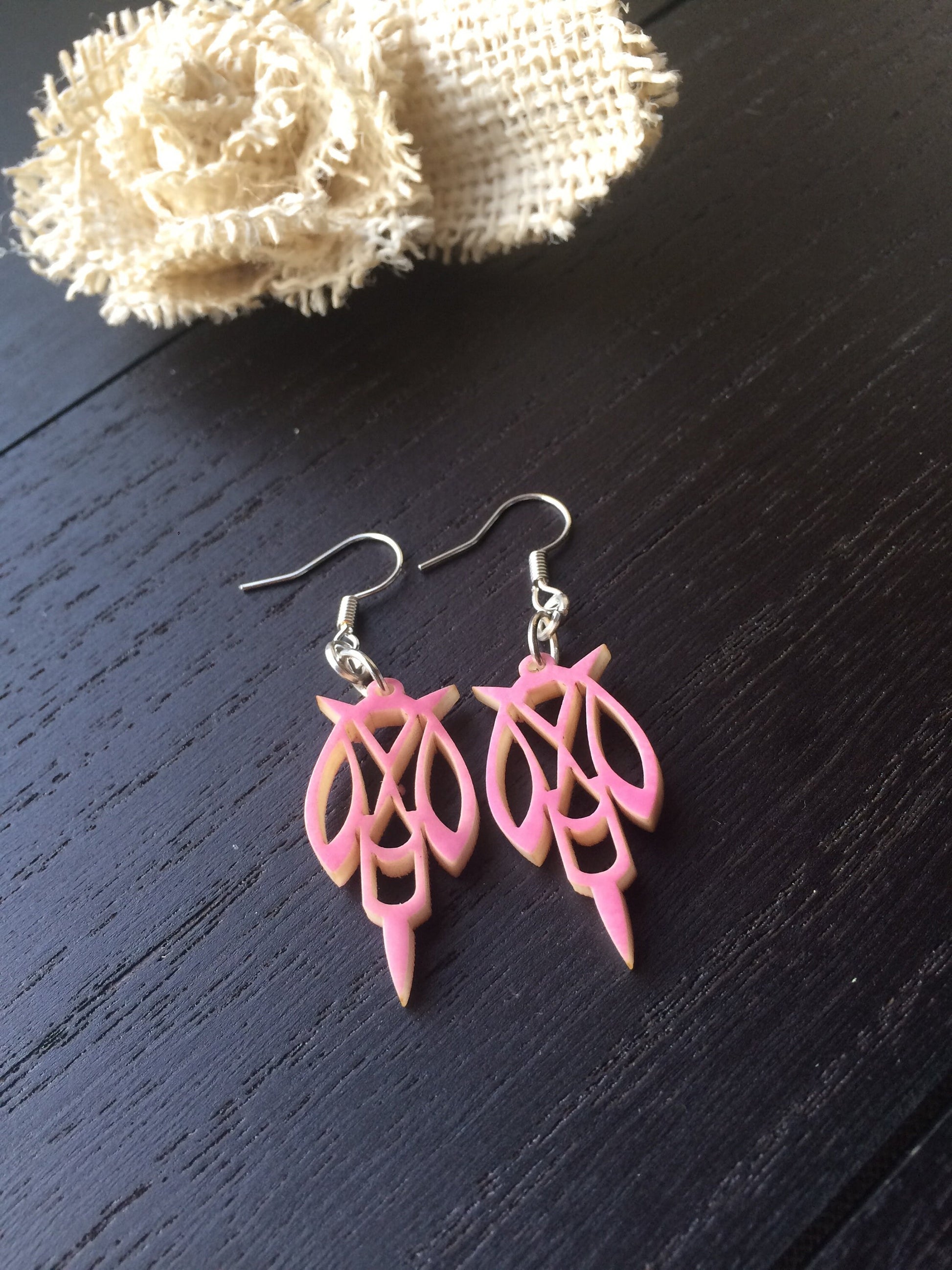 Pink tagua laser cut earrings Tagua jewelry Statement dangle earrings Abstract drop earrings Anniversary gifts Fall fashion trends