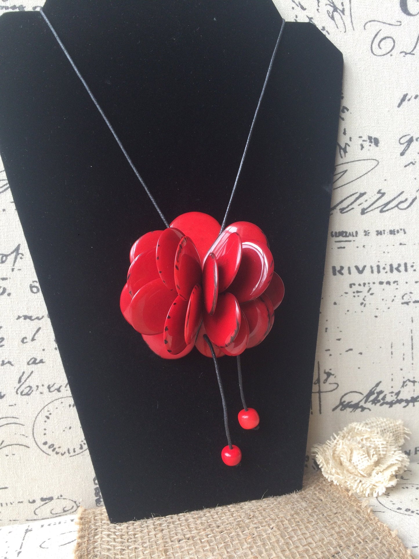 Red flower pendant necklace Tagua nut jewelry Floral pendant Wearable art Chunky statement pendant Adjustable cord Rose handmade pendant