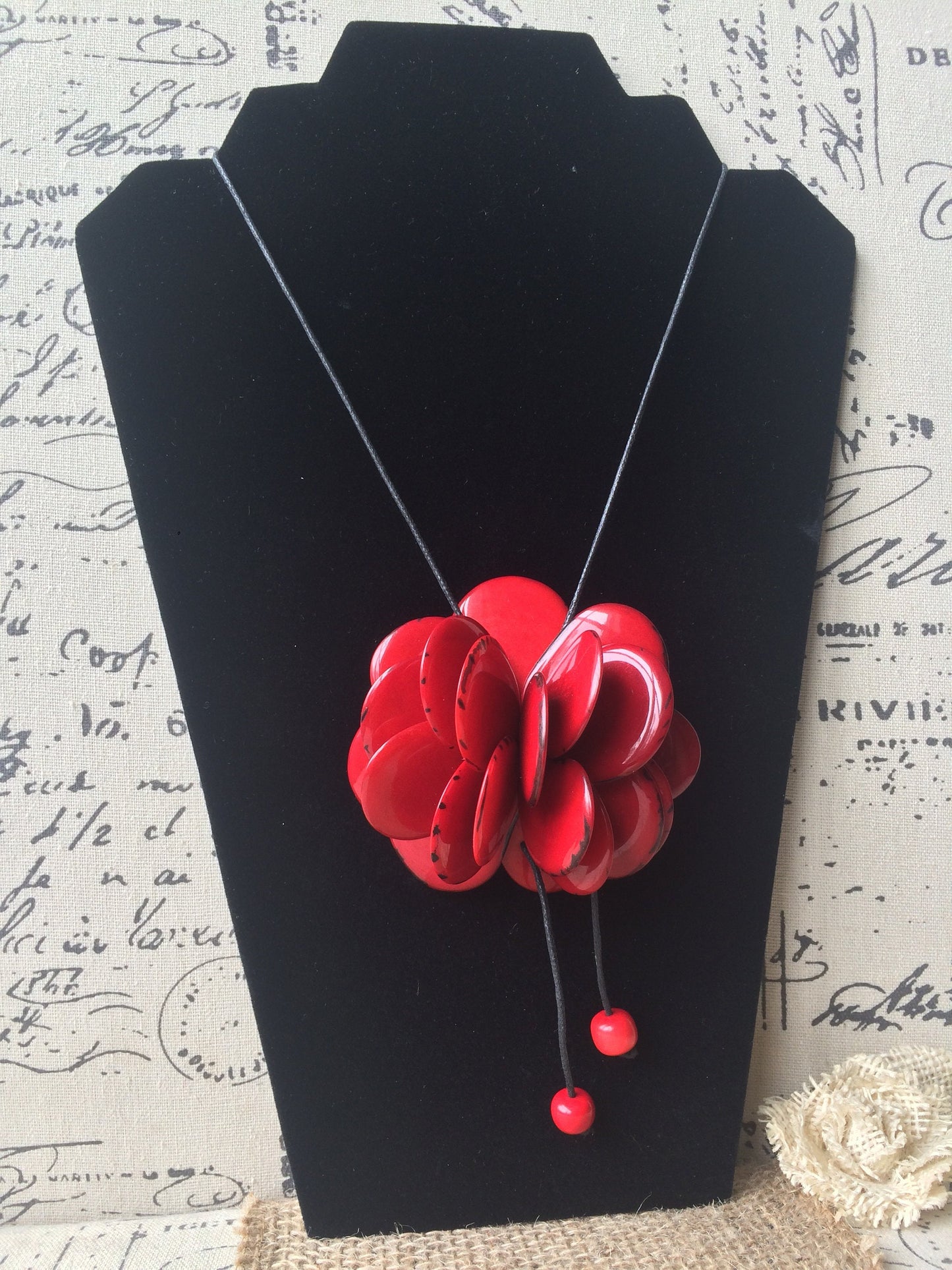 Red flower pendant necklace Tagua nut jewelry Floral pendant Wearable art Chunky statement pendant Adjustable cord Rose handmade pendant