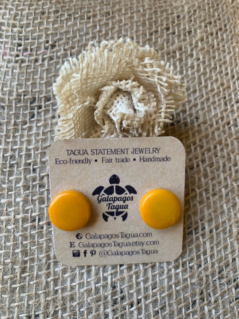 Yellow stud earrings Tagua jewelry Geometric round posts Fall fashion Gifts under 15 Hypoallergenic button earrings Handmade beaded