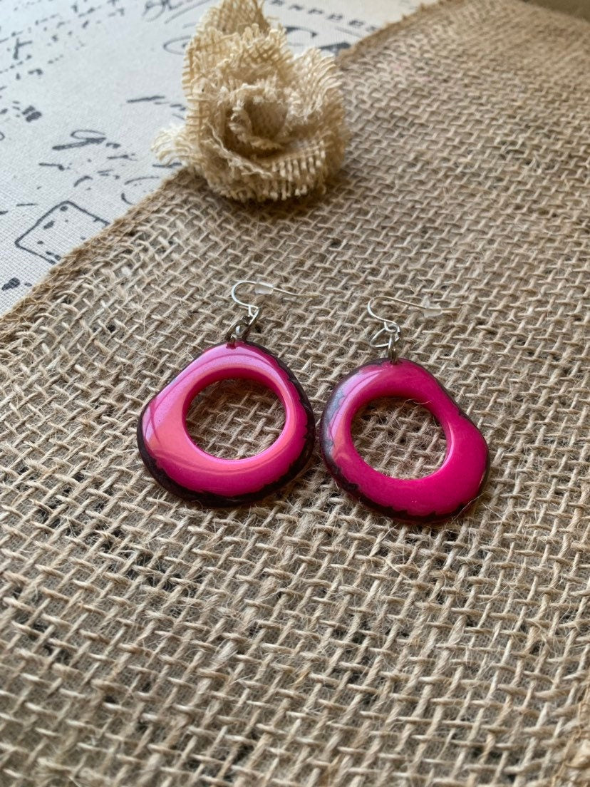 Tagua nut earrings Hot pink jewelry Boho earrings Mother’s Day gifts for wife Large mod hoops Anniversary gift ideas Spring fashion trend